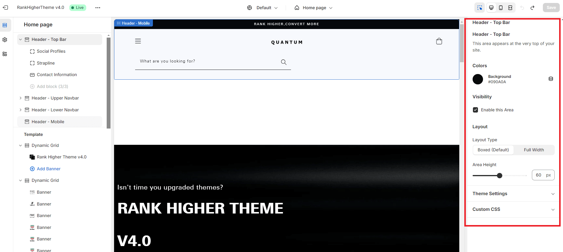 RankHigherTheme Homepage Header - Top Bar Settings