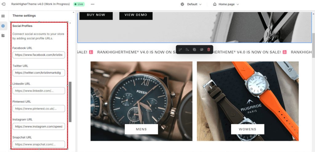 How To Add Social Profiles To Your Shopify Theme Quantum by RankHigherTheme®